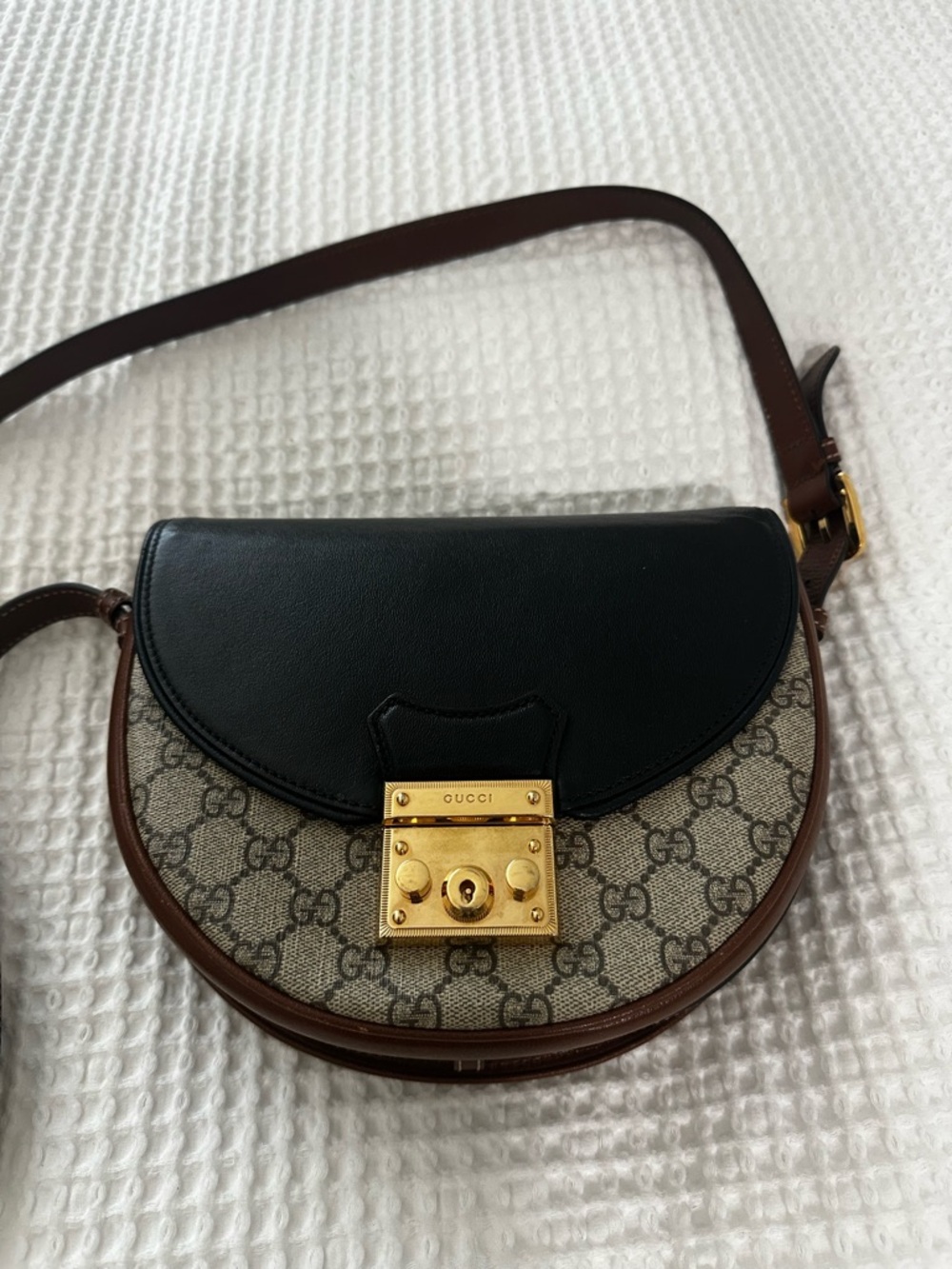 Gucci Black Leather & Brown GG Canvas Crossbody with Gold Lock